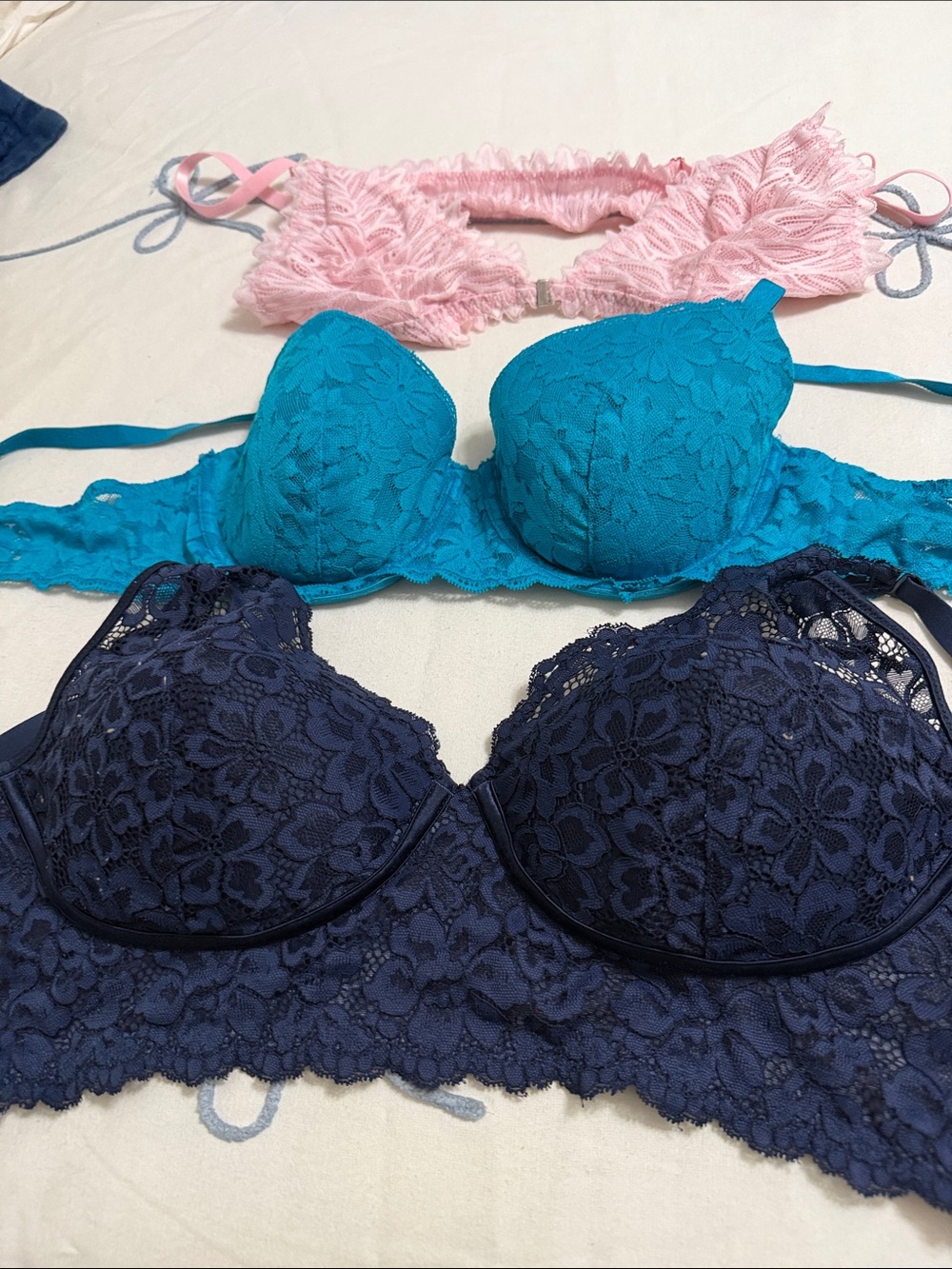 Lace Bra Trio — Teal, Navy & Pink